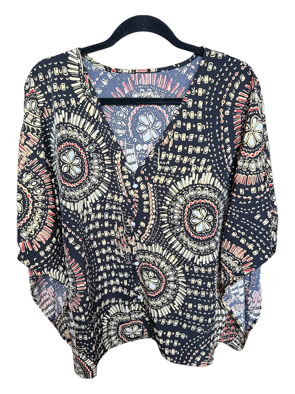 SHEIN Black Multicolored Printed V-Neck Boho Blouse with Cream and Coral Accents